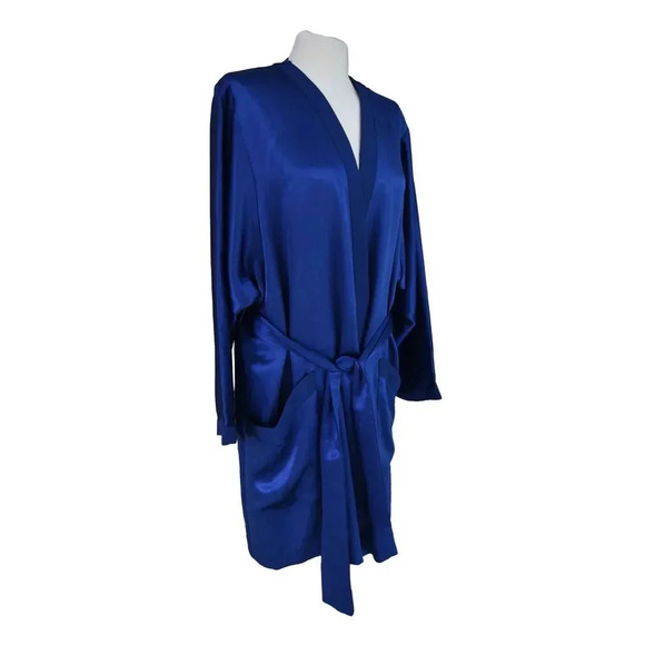 Vintage Natori Satin Navy Short Robe Medium Neiman Marcus Nightgown Belted - Picture 2 of 7